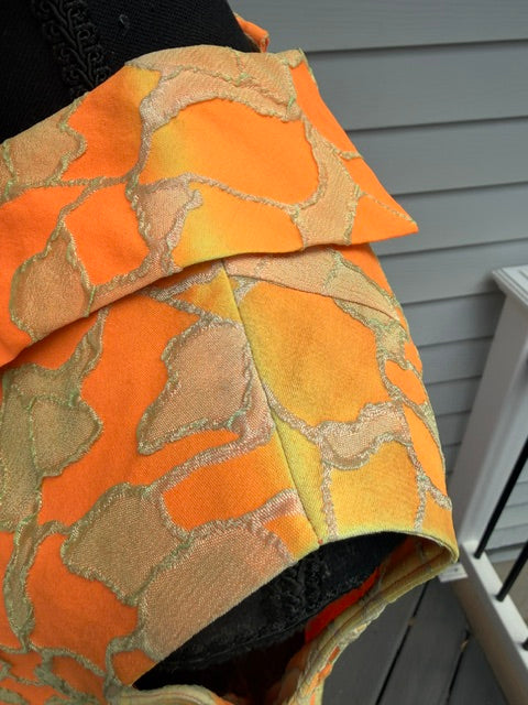 Vintage 1960s Mod Orange Brocade Shift Dress Medium Gold Buttons Sleeveless