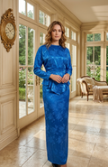 Vintage 80s/90s Royal Blue Satin Floral Jacquard Peplum Maxi Dress Medium