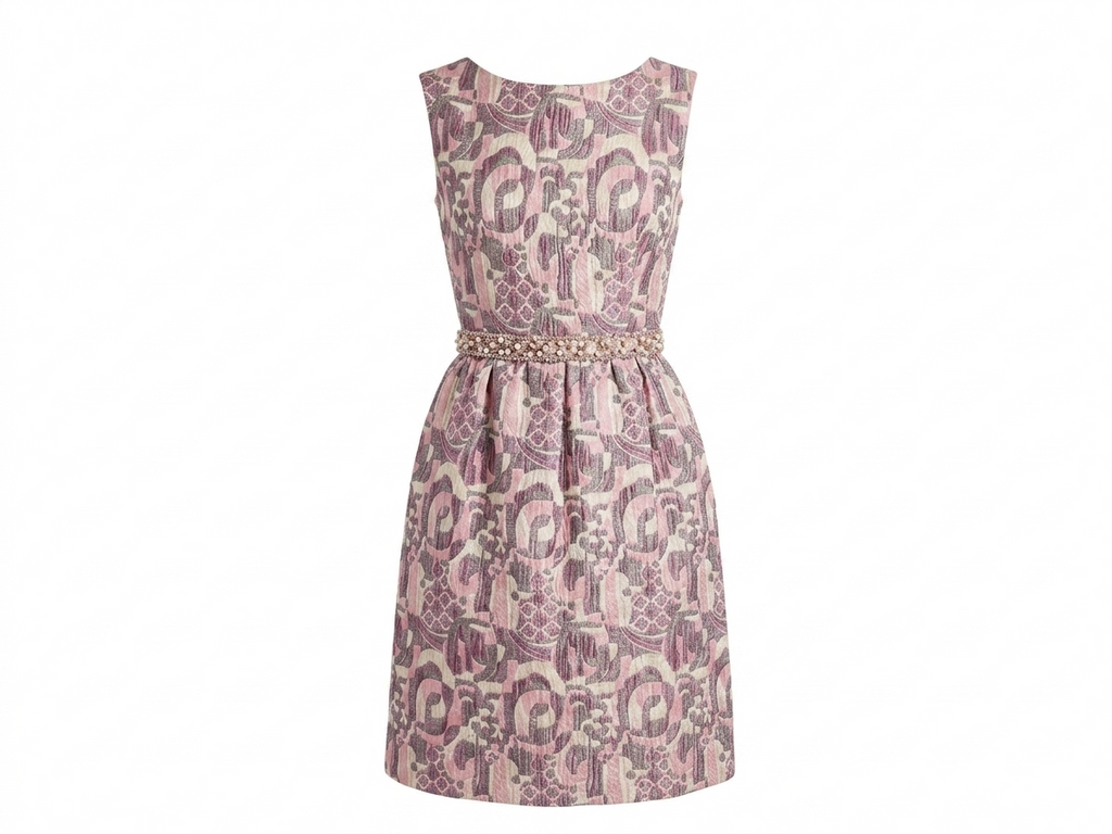 VTG Victor Costa Brocade Shift Dress M Pink Metallic Geometric Cocktail Mod 60s