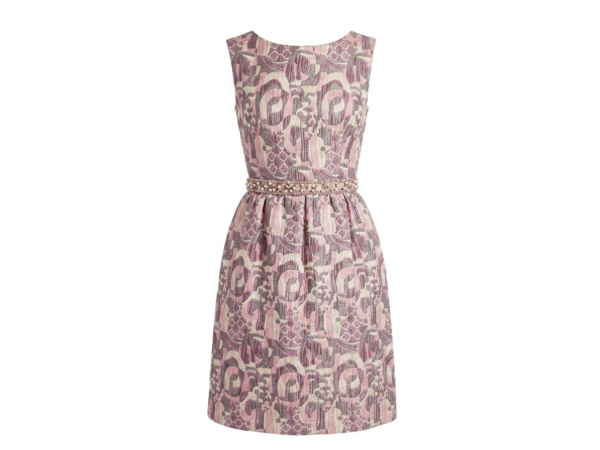 VTG Victor Costa Brocade Shift Dress M Pink Metallic Geometric Cocktail Mod 60s