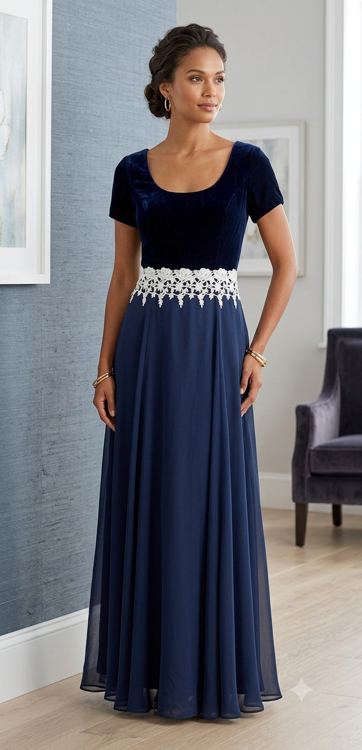 Vintage Alfred Angelo 11/12 Velvet Chiffon Maxi Dress Navy Blue Lace Waist Prom