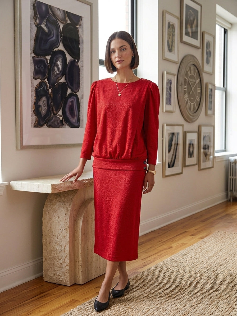 Vtg Lynn Davis Red Blouson Midi Dress 18 1/2 80s  Gathered Waist Drop Plus