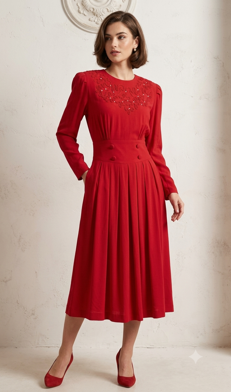 Vtg 80s Karin Stevens Red Beaded Embroidered Midi Dress Pleated Waist Sz 12