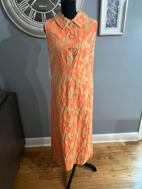 Vintage 1960s Mod Orange Brocade Shift Dress Medium Gold Buttons Sleeveless