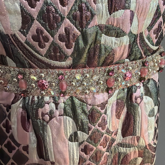 VTG Victor Costa Brocade Shift Dress M Pink Metallic Geometric Cocktail Mod 60s