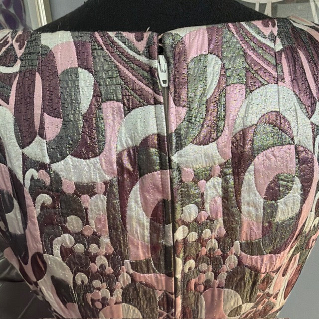 VTG Victor Costa Brocade Shift Dress M Pink Metallic Geometric Cocktail Mod 60s