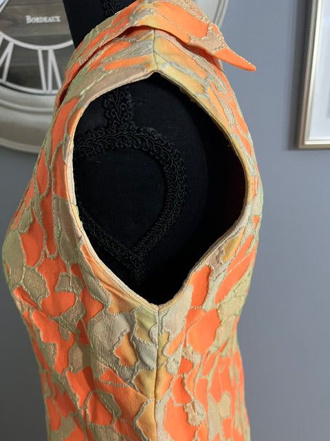Vintage 1960s Mod Orange Brocade Shift Dress Medium Gold Buttons Sleeveless