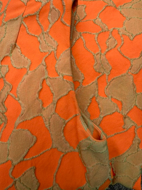 Vintage 1960s Mod Orange Brocade Shift Dress Medium Gold Buttons Sleeveless